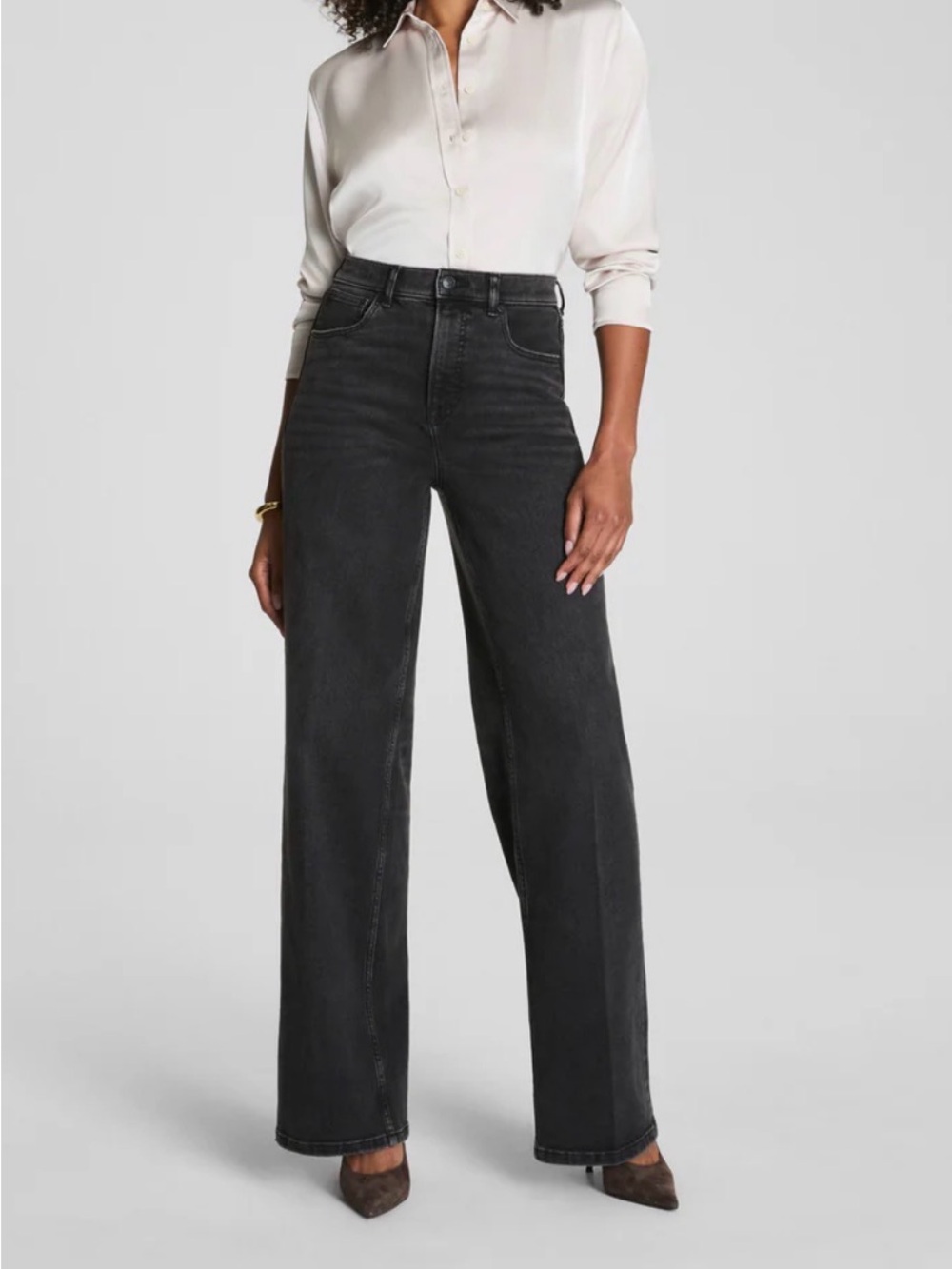 SPANX High-Rise Wide-Leg Jeans in Charcoal Black